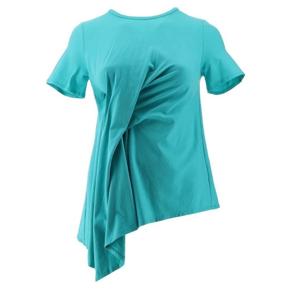 DG2 Diane Gilman Aqua Asymmetric Drape-Front Short Sleeve Stretch T Size XS New!